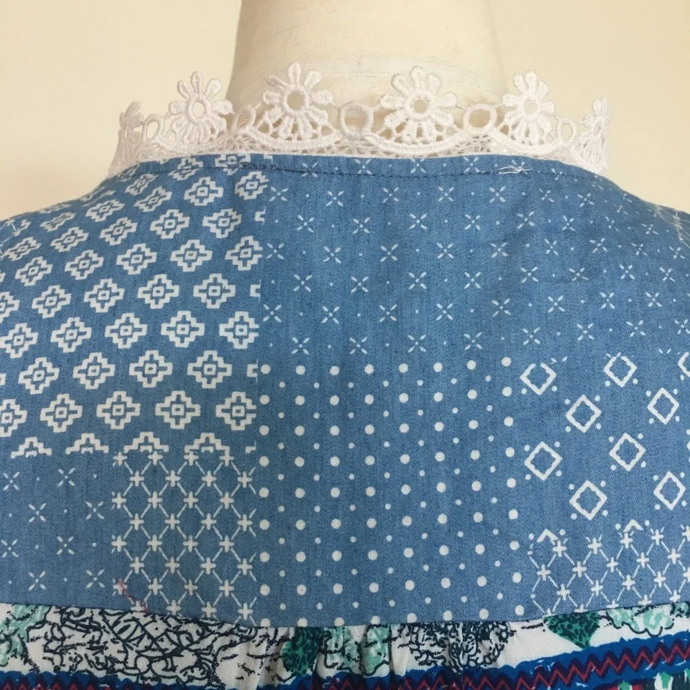 Blue Printed Sleeveless Drop Hem Mini Dress - Picture 6 of 8